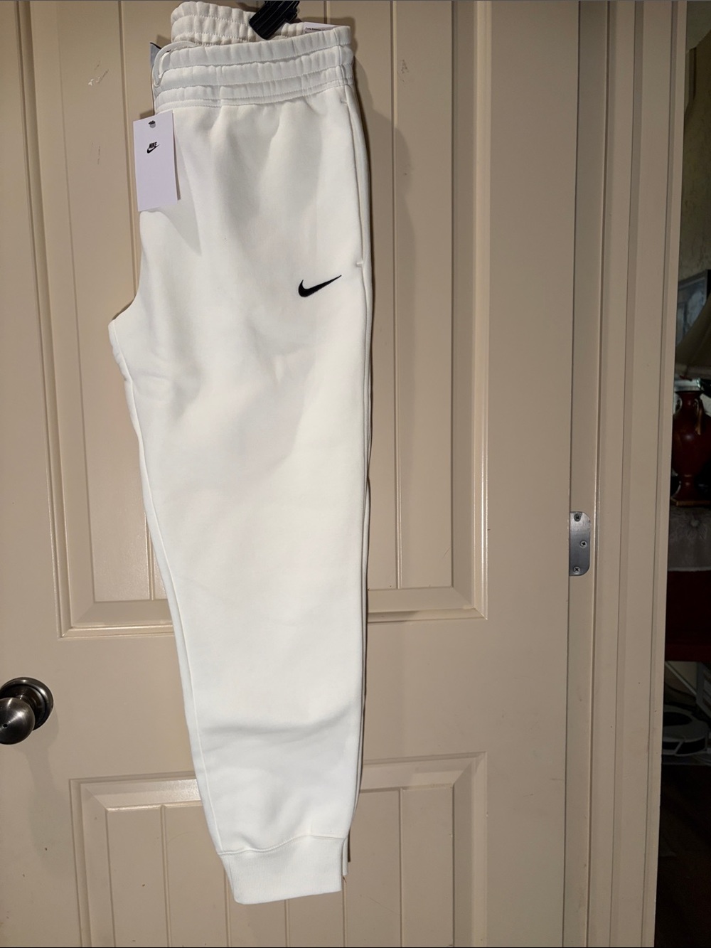 Nike White Fleece Jogger Pants with Black Swoosh